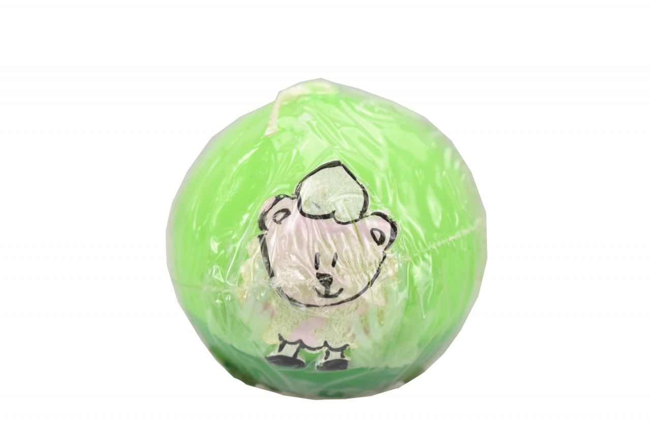 Svíčka koule zelená s ovečkou 6 cm