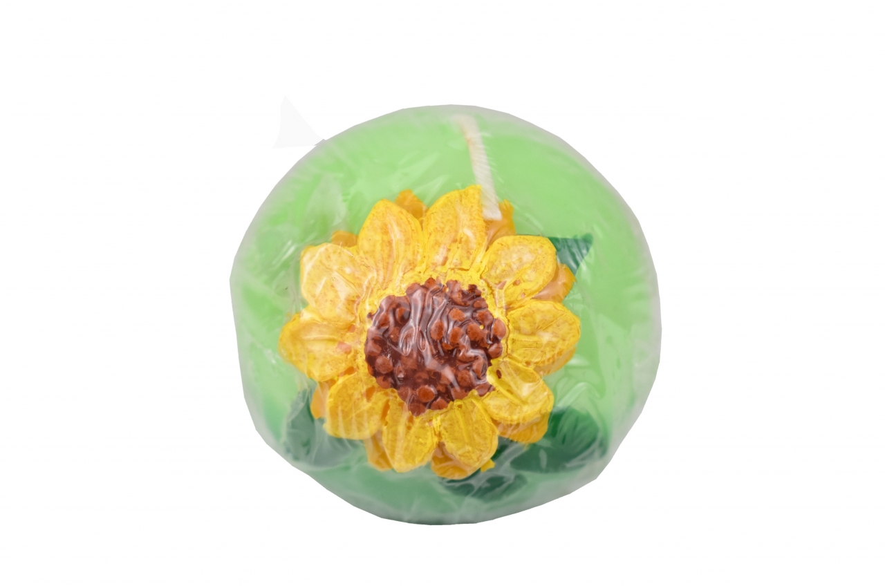 Svíčka koule zelená se slunečnicí 6 cm