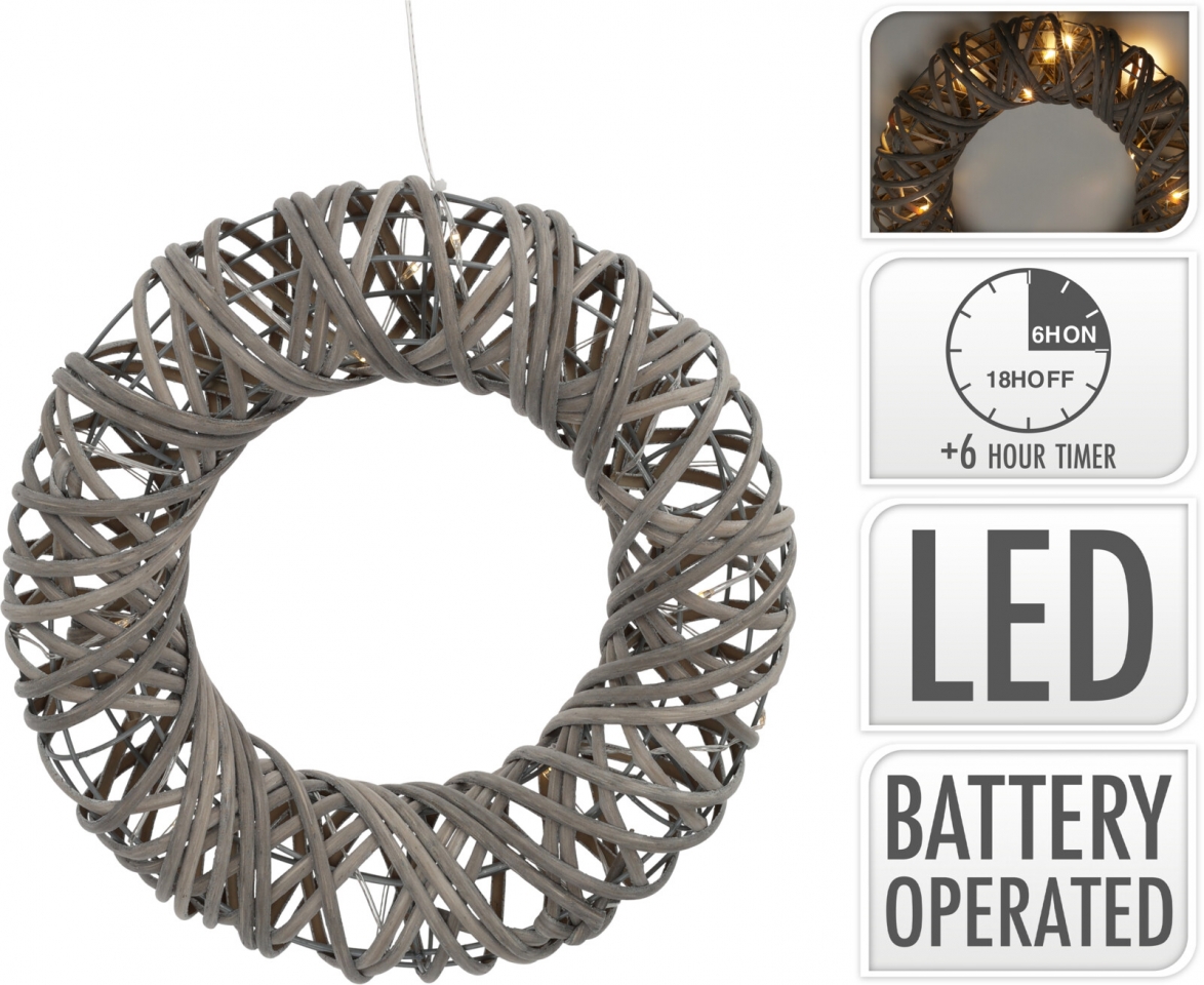 LED věnec z umělého ratanu 40 cm, šedý