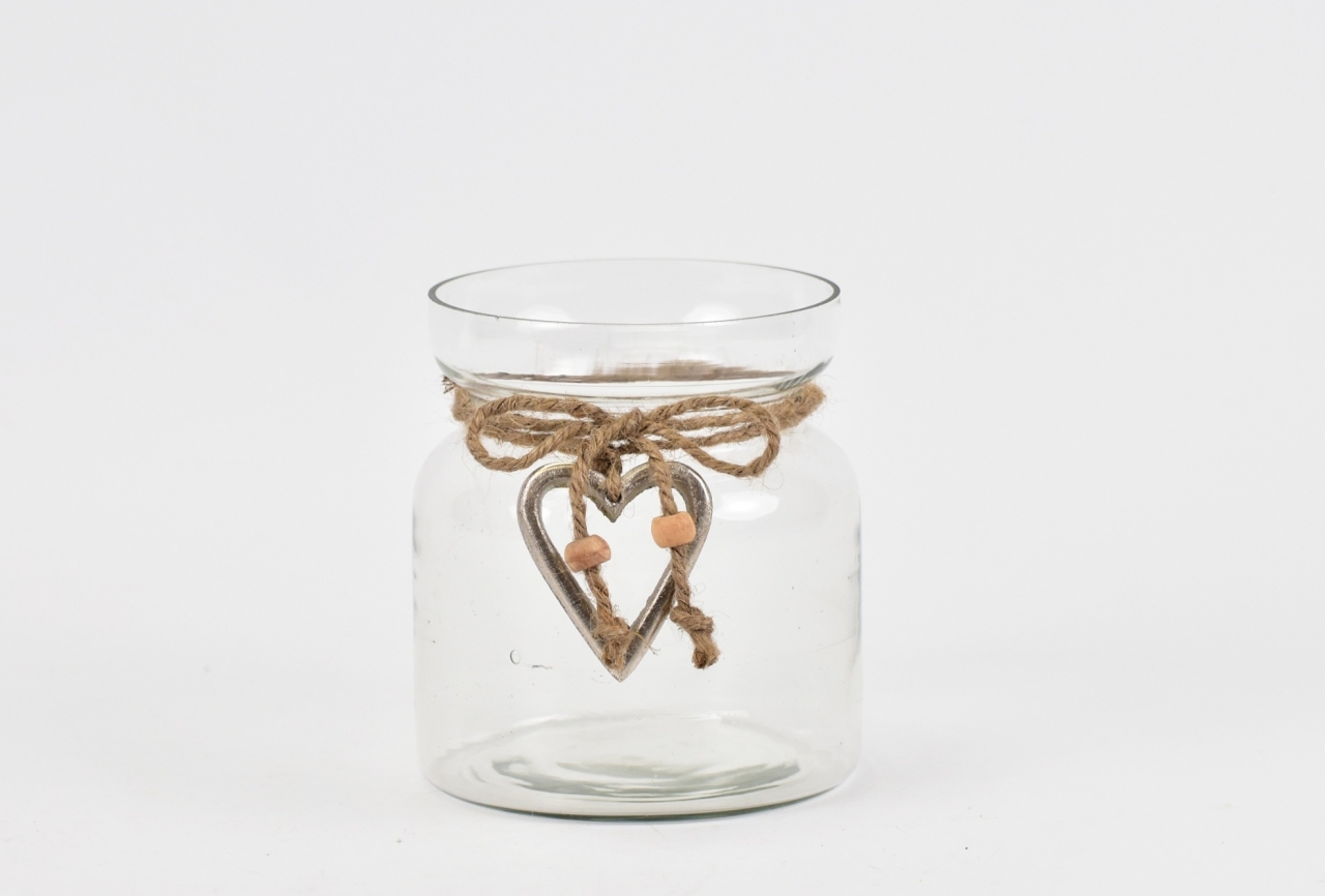 Skleněný svícen s kovovým srdíčkem 12x9,8 cm