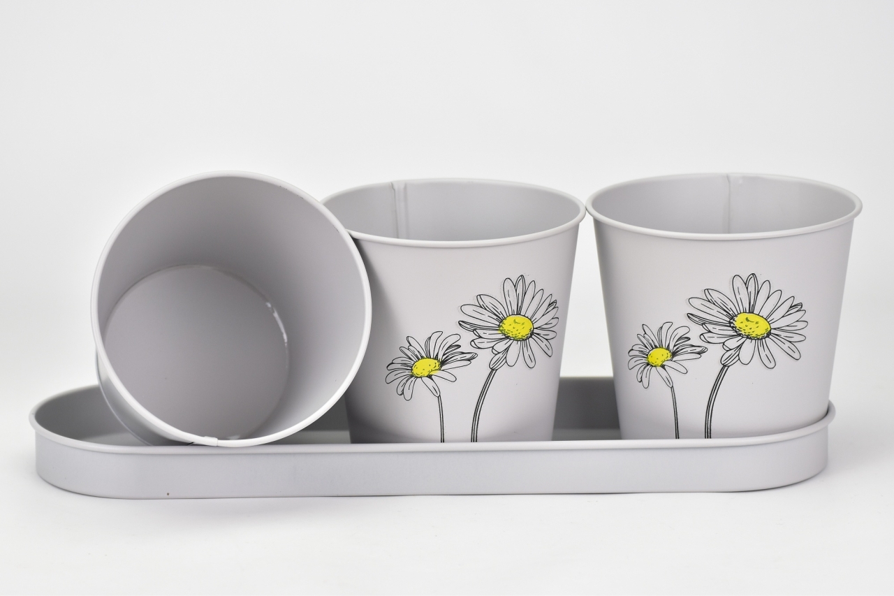 Plechový květináč šedý s kopretinou, sada 3 ks květináčků na tácku