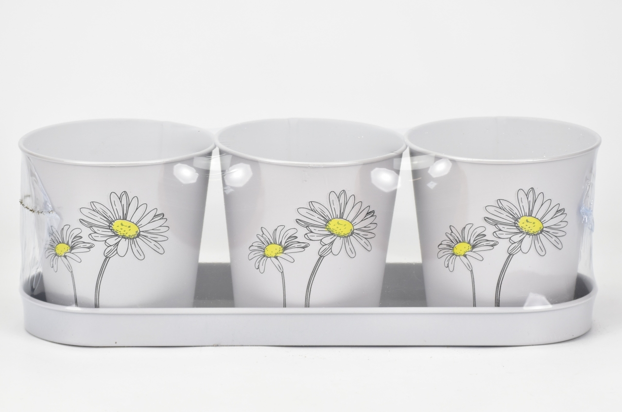 Plechový květináč šedý s kopretinou, sada 3 ks květináčků na tácku