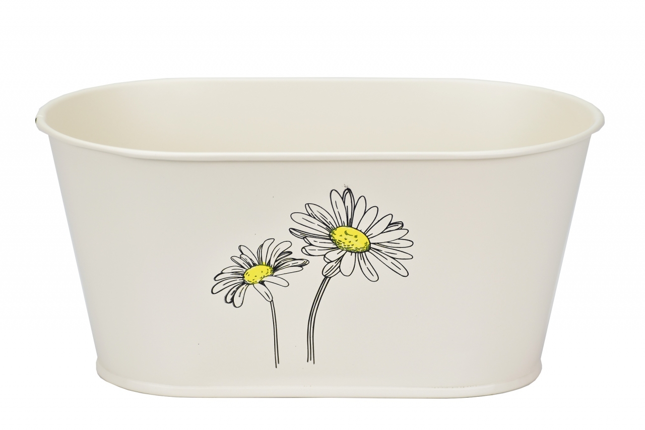 Plechový oválný květináč krémový s kopretinou 11x23x13 cm