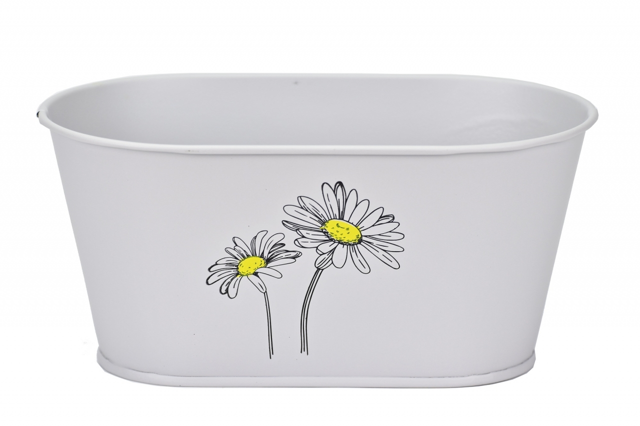 Plechový oválný květináč šedý s kopretinou 11x23x13 cm