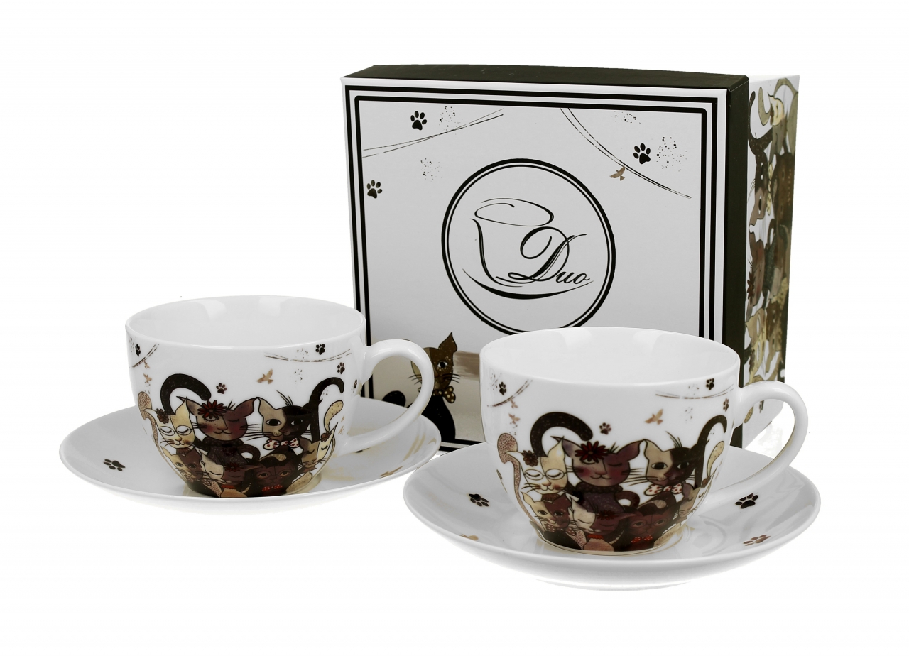Porcelánový hrnek s podtalířkem Cats Family 250 ml, sada 2 ks v dárkovém boxu