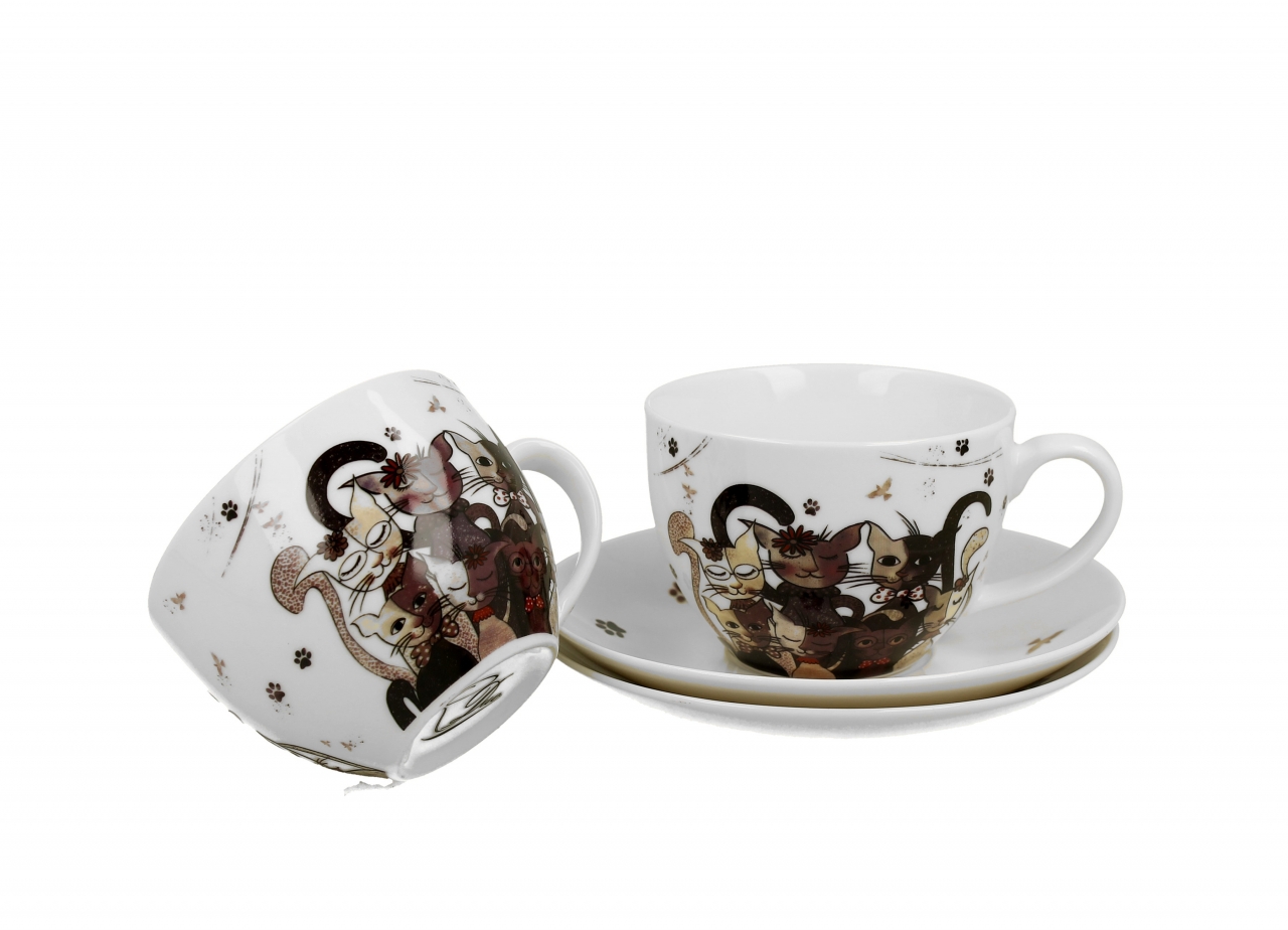 Porcelánový hrnek s podtalířkem Cats Family 250 ml, sada 2 ks v dárkovém boxu