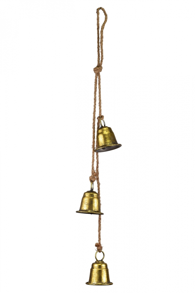 Tři zlaté kovové zvonky na jutovém provaze 7x5,8x63 cm
