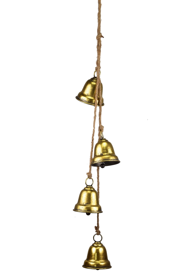 Čtyři zlaté kovové zvonky na jutovém provaze 9x7,7x75 cm