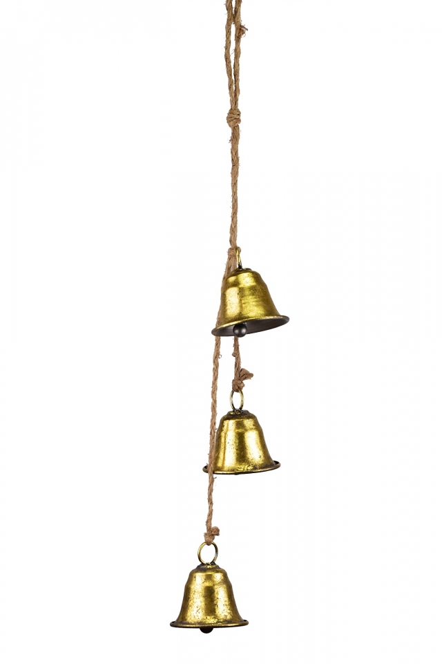 Tři zlaté kovové zvonky na jutovém provaze 8x7,3x63 cm