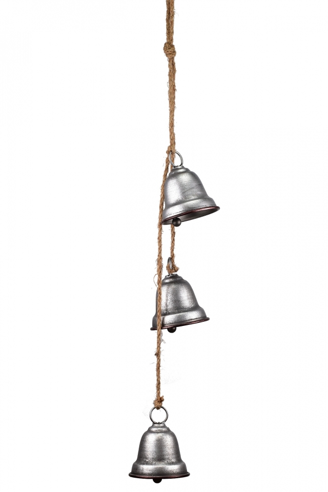 Tři stříbrné kovové zvonky na jutovém provaze 9x7,7x63 cm