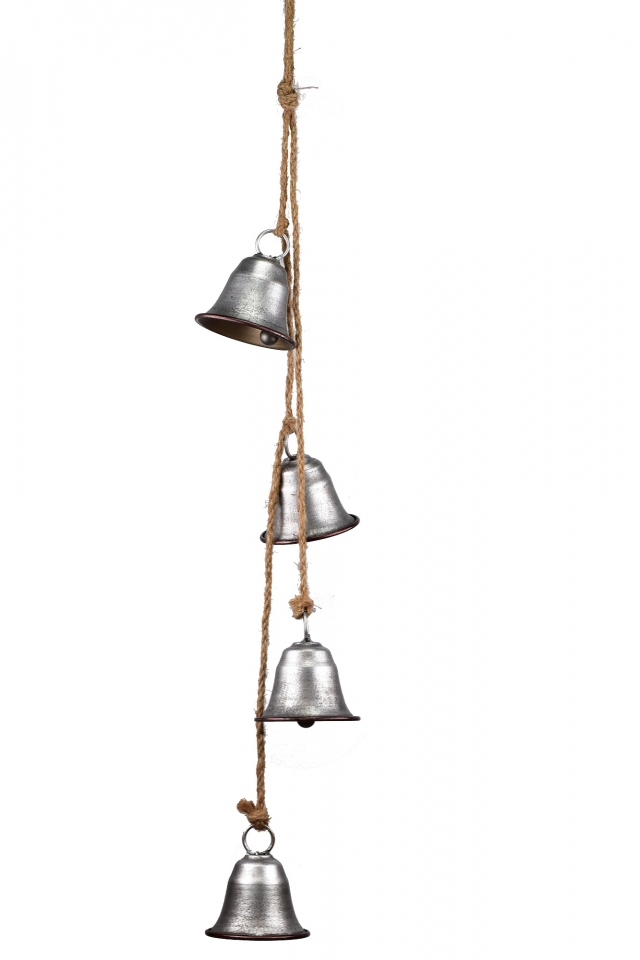 Čtyři zlaté kovové zvonky na jutovém provaze 8x7,3x75 cm