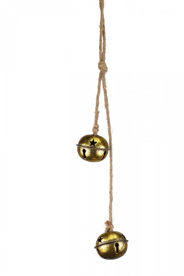 Dvě zlaté kovové rolničky na jutovém provaze 4x5x38 cm