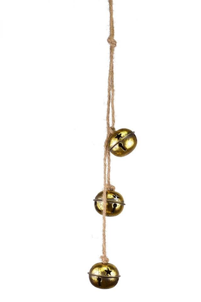 Tři zlaté kovové rolničky na jutovém provaze 4x5x45 cm