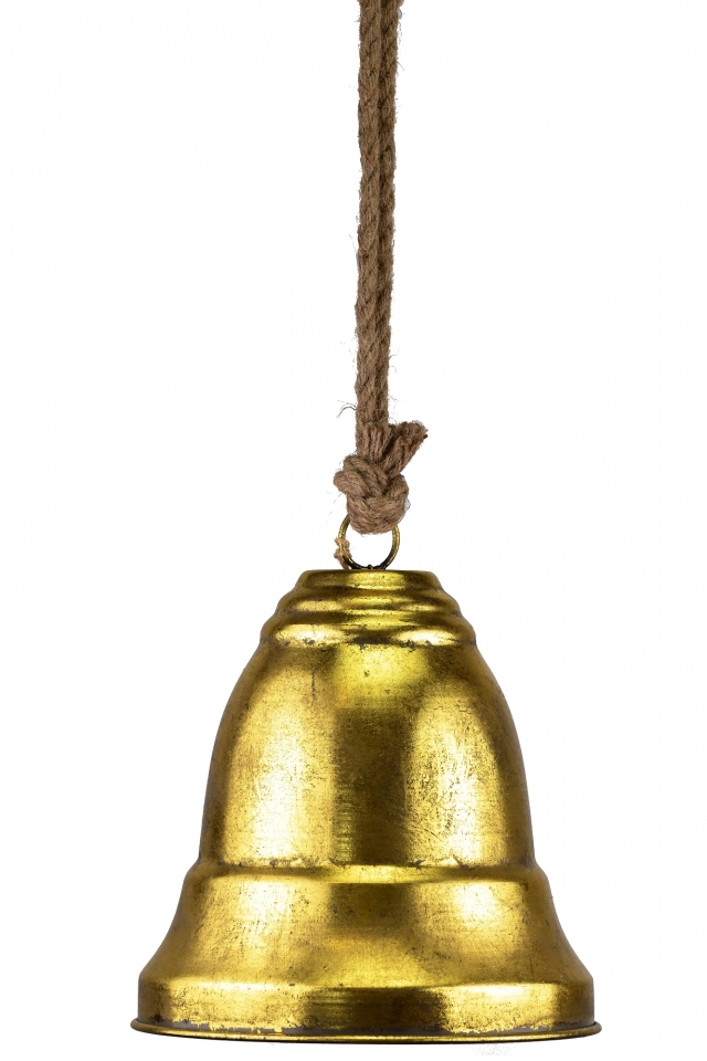 Kovový zvonek zlatý s patinou na jutovém provaze 23x23,5 cm