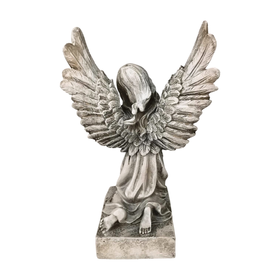 Polyresinový šedý klečící anděl, 14,5 x 11 x 24,5 cm