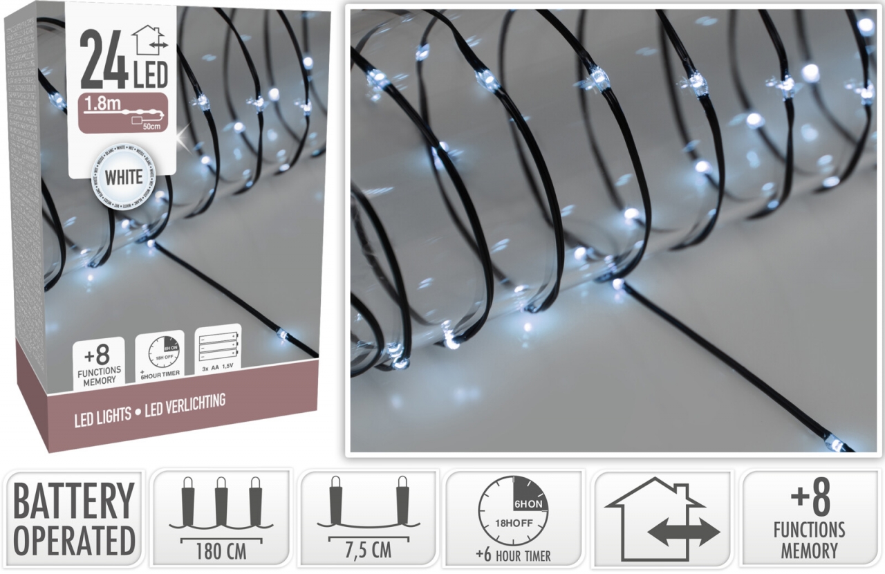 Dekorativní osvětlení 24 LED, 1,8m studená bílá, na baterie