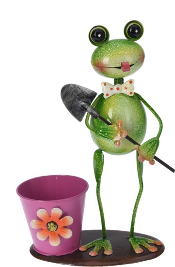 Plechový květináč růžový s žábou