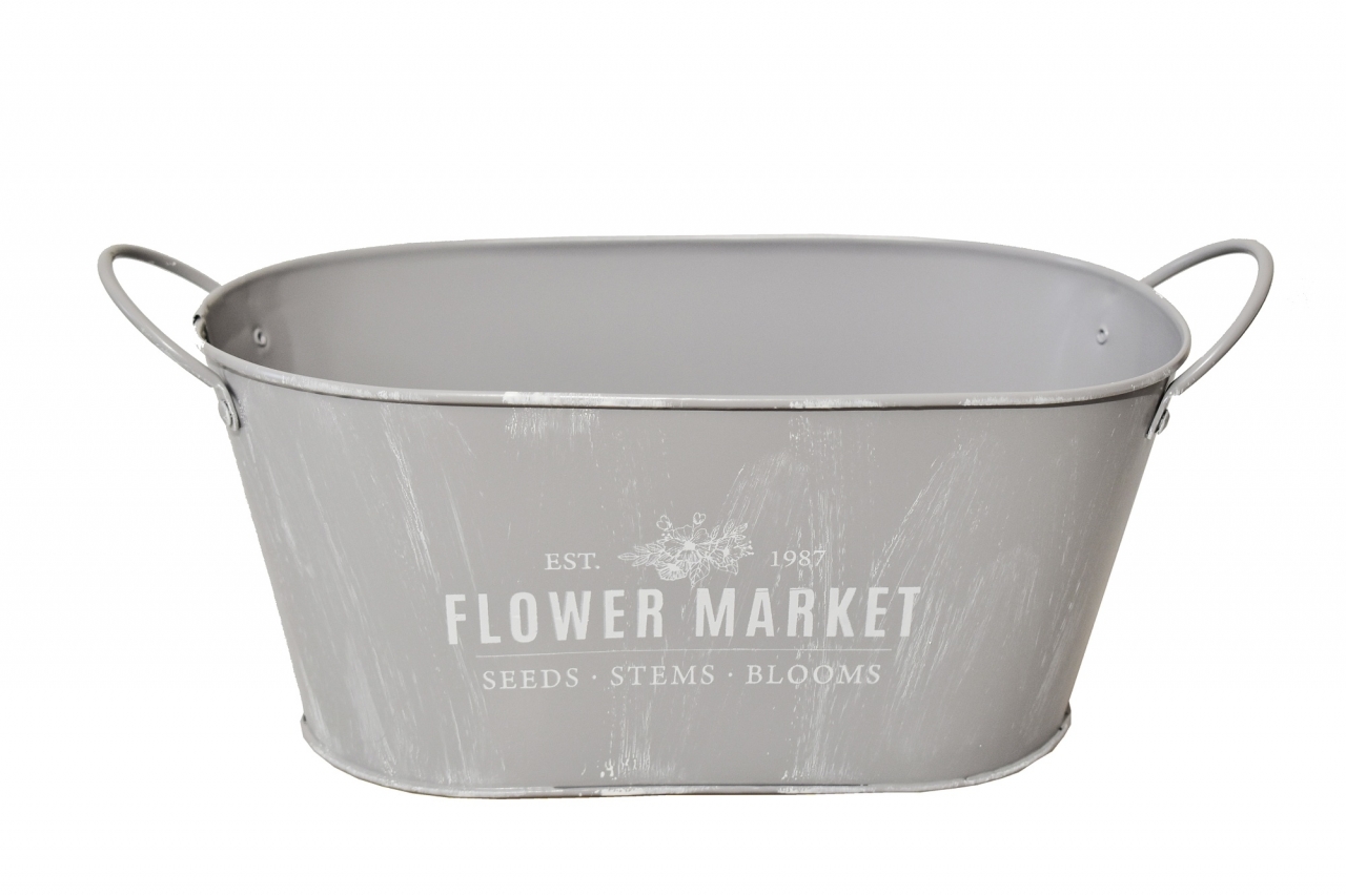 Oválný květináč Flower market šedý s patinou 26,3x16,5x12 cm