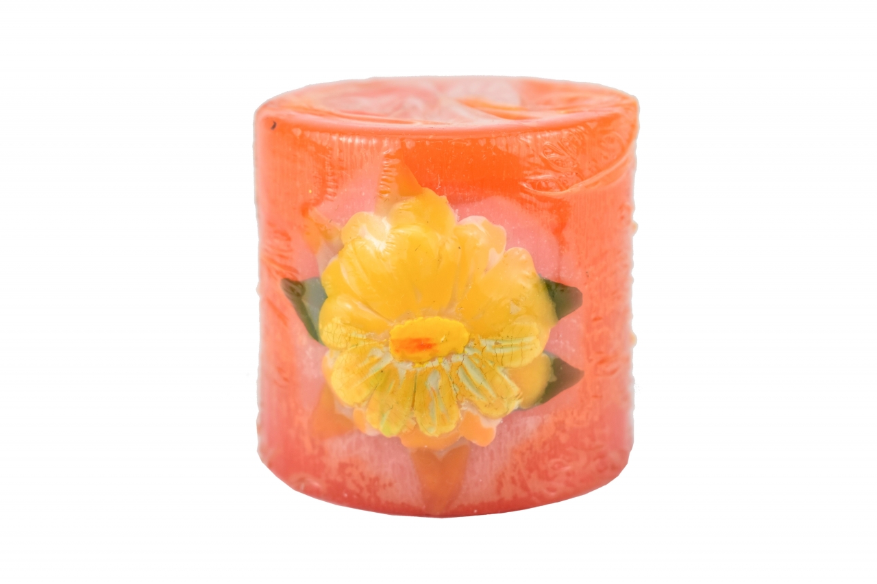 Svíčka válec tmavě oranžová žlutá kopretina 6x6 cm