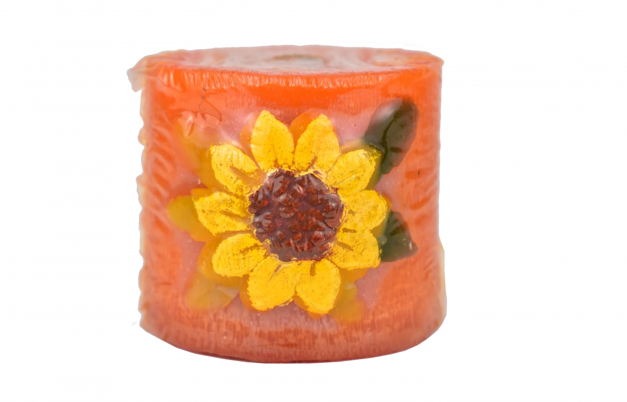 Svíčka válec tmavě oranžová se slunečnicí 6x6 cm