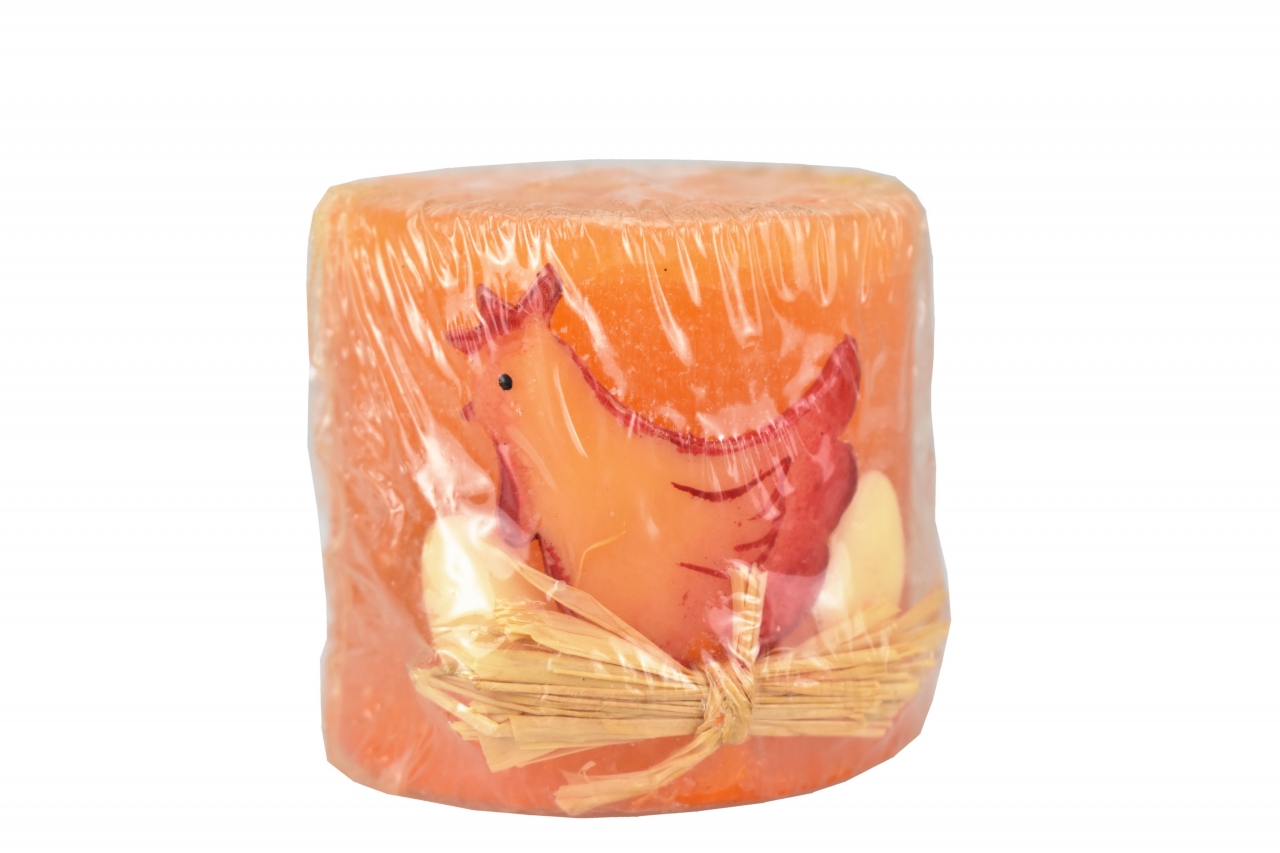 Svíčka válec oranžová se slepičkou 6x6 cm