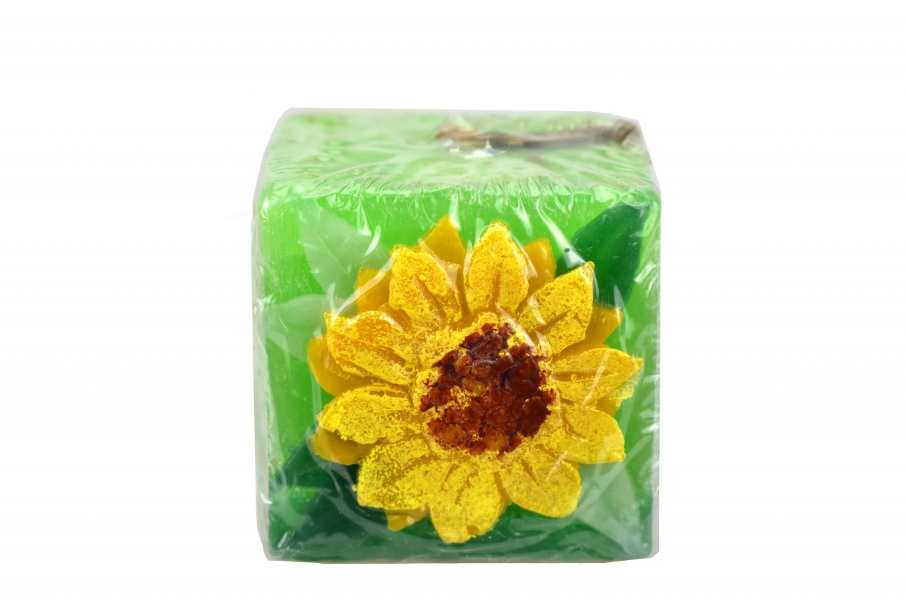 Svíčka hranol zelená se slunečnicí 5x5x5 cm