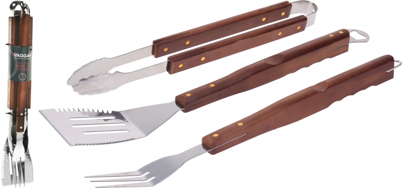 Grilovací nářadí sada 3 ks VAGGAN BBQ nerez/dřevo