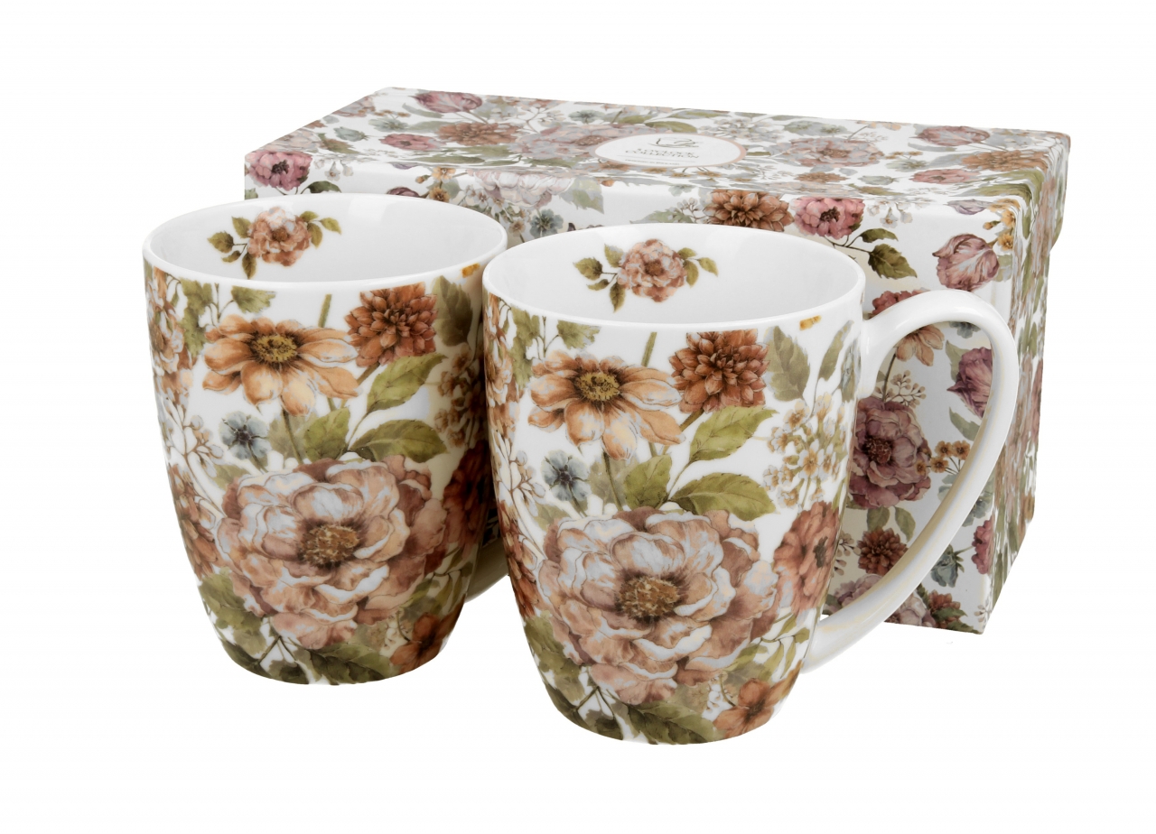 Porcelánový hrnek Pastel flowers 380 ml, sada 2 ks v dárkovém boxu