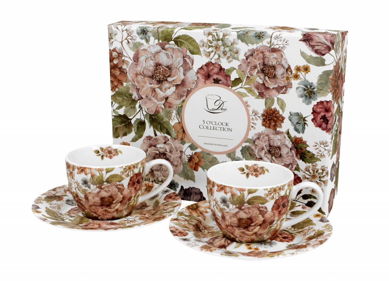 Porcelánový hrnek s podtalířkem Pastel flowers 110 ml, sada 2 ks v dárkovém boxu