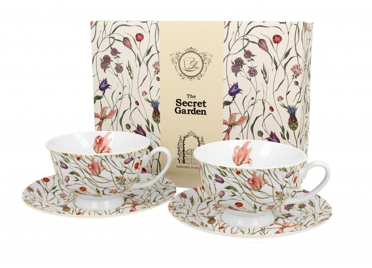 Porcelánový hrnek s podtalířkem Flower meadow 250 ml, sada 2 ks v dárkové krabičce