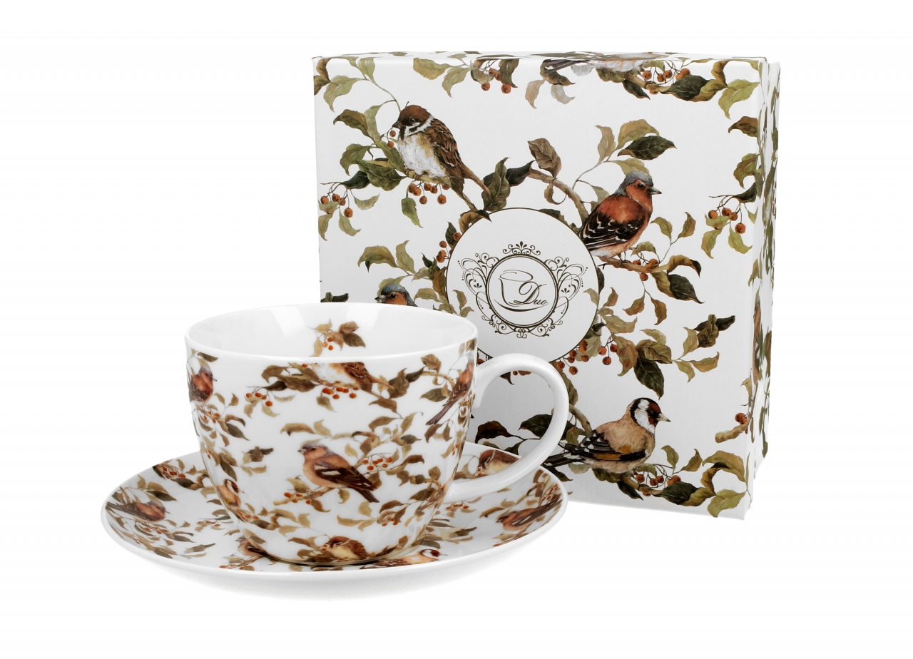 Porcelánový hrnek s podtalířkem jumbo Birdies 470 ml v krabičce