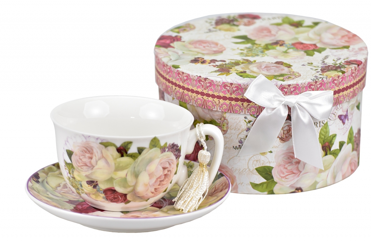 Porcelánový hrnek s podtalířkem Paeonia 300 ml v dárkové krabičce
