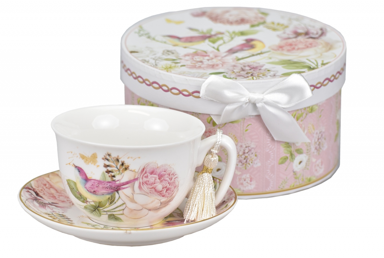 Porcelánový hrnek s podtalířkem Birds 300 ml v dárkové krabičce