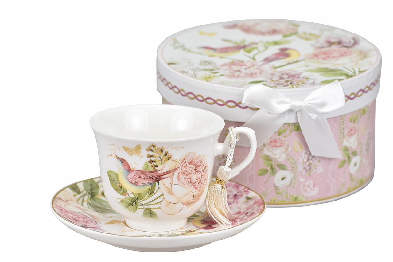 Porcelánový hrnek s podtalířkem Birds 200 ml v dárkové krabičce