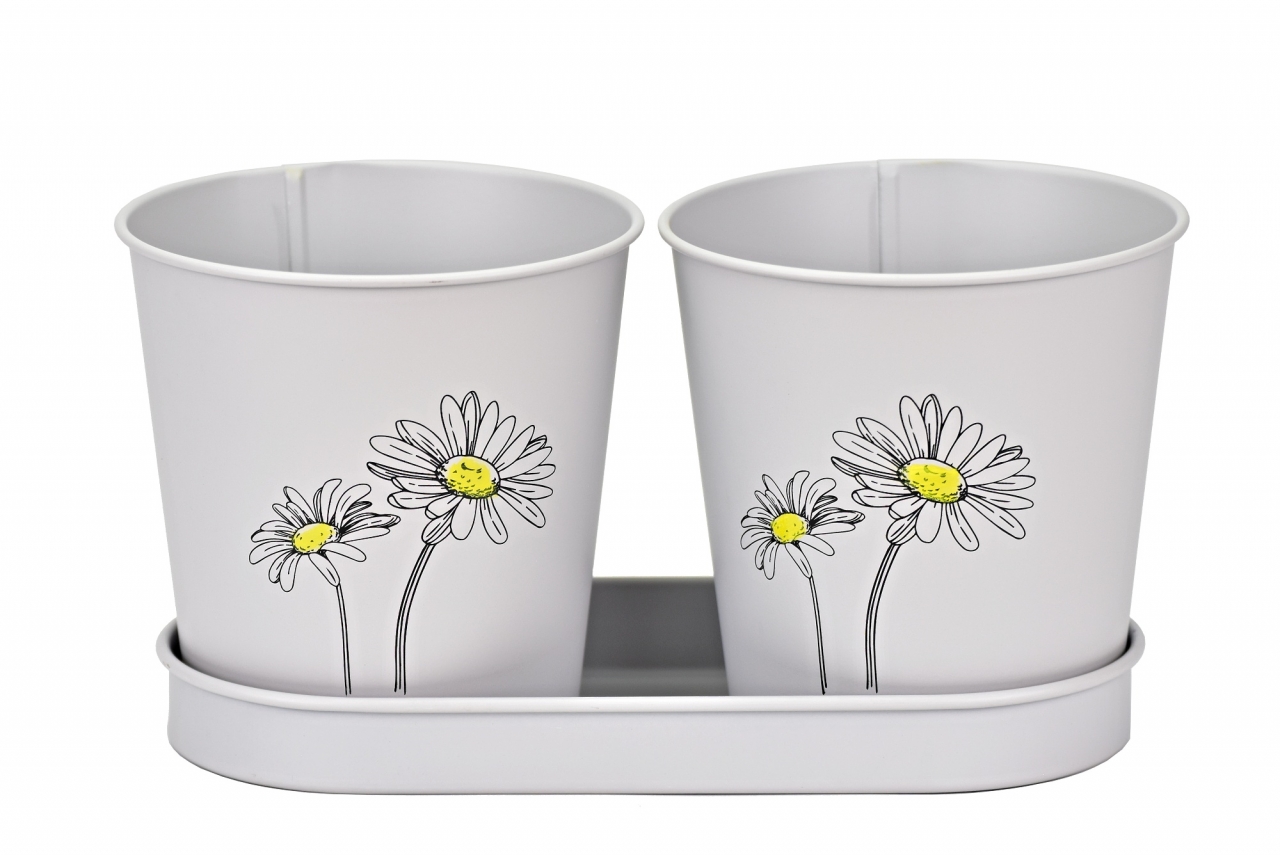 Plechový květináč šedý s kopretinou, sada 2 ks květináčků na tácku
