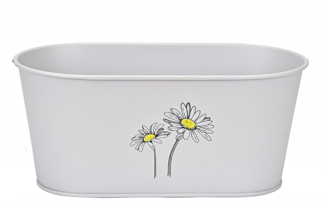 Plechový oválný květináč šedý s kopretinou 12,7x28,5x14,7 cm