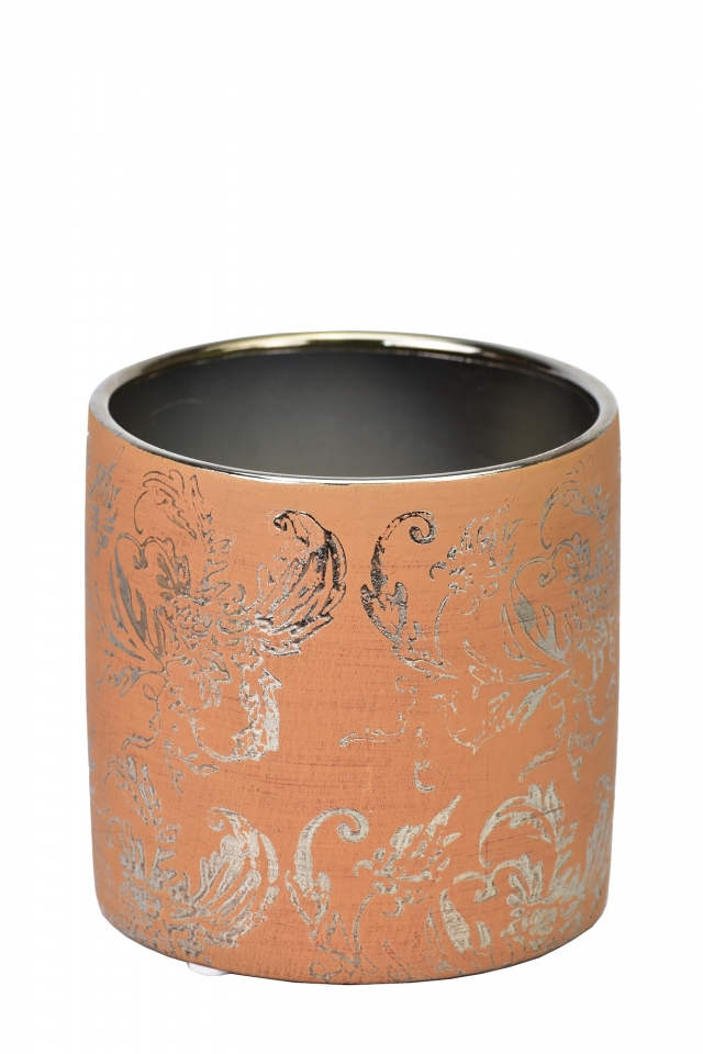 Keramický květináč hnědý se stříbrným ornamentem 13x13,5 cm