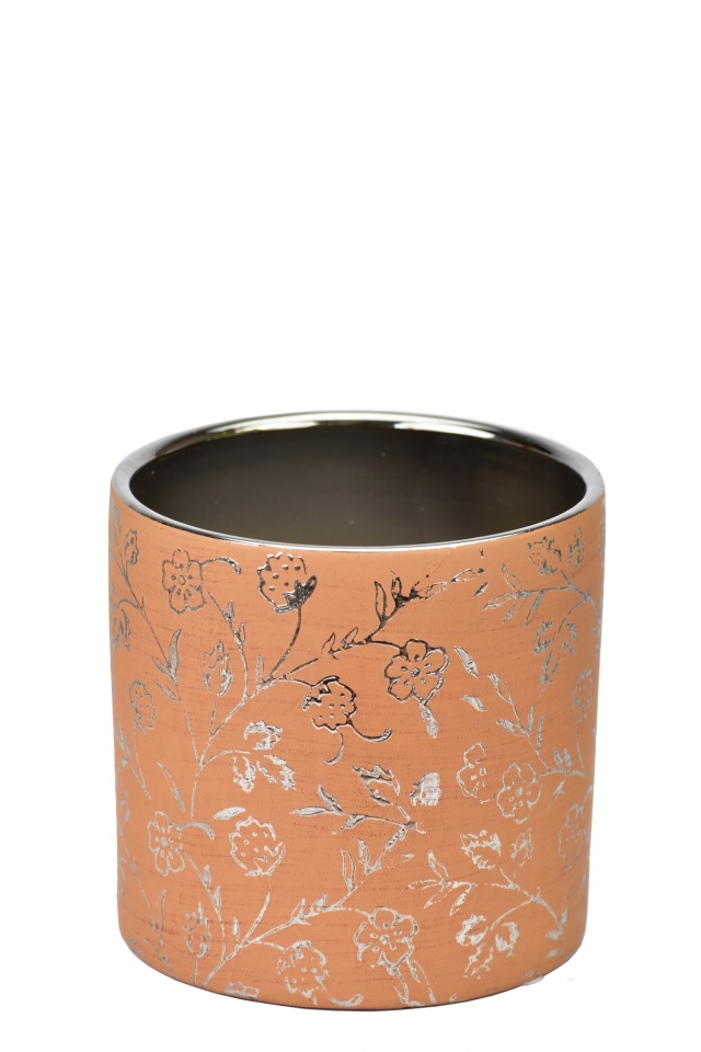 Keramický květináč hnědý se stříbrným květinovým motivem 13x13,5 cm