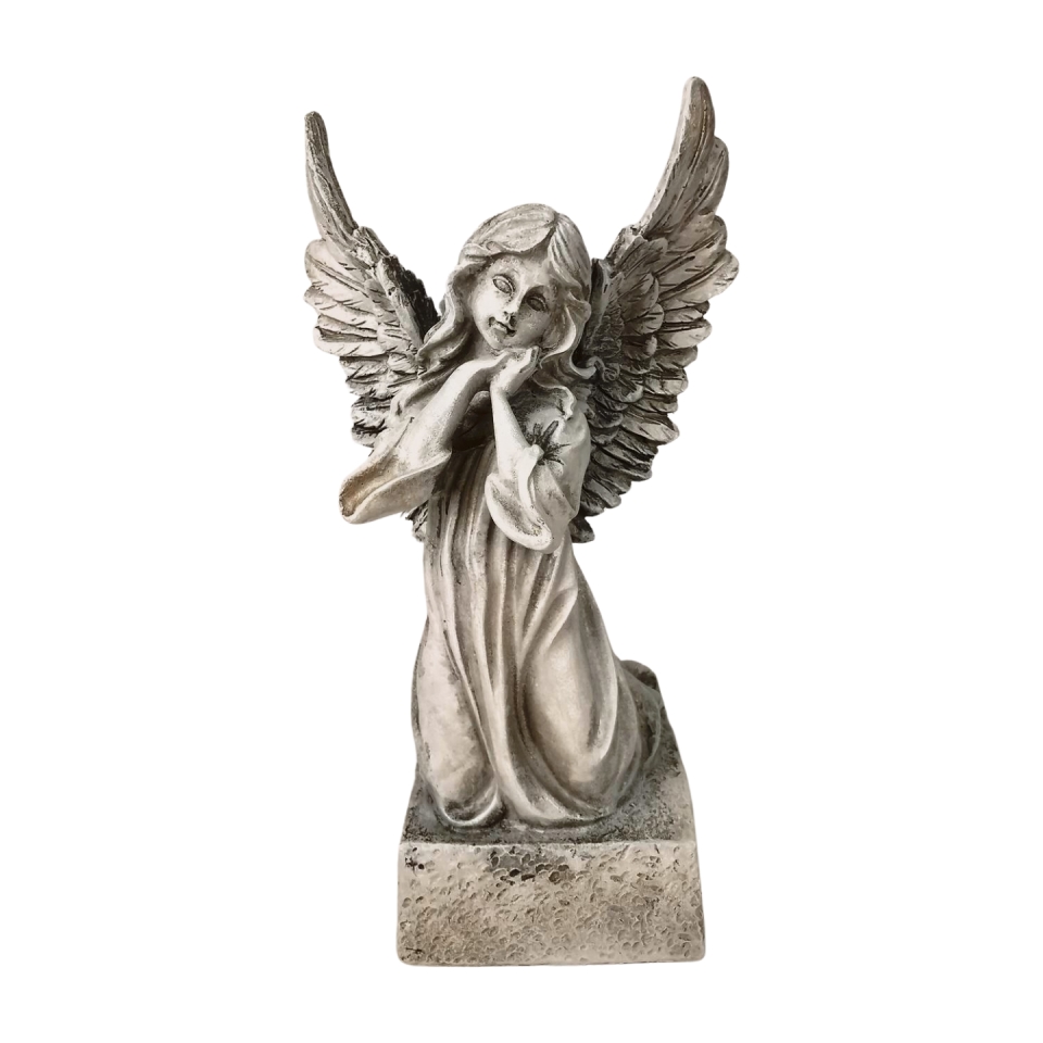 Polyresinový šedý klečící anděl, 14,5 x 11 x 24,5 cm 