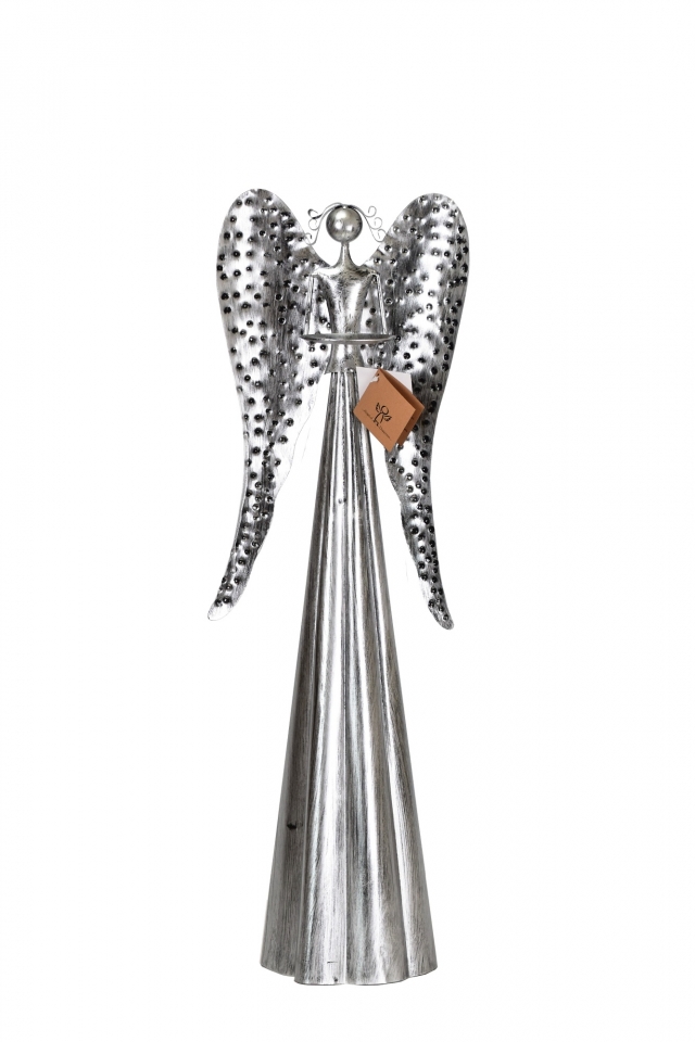 Plechový anděl s kalíškem na svíčku, stříbrný 64 cm
