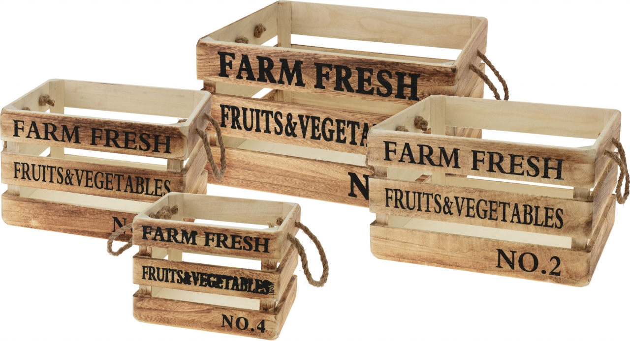 Dřevěné bedýnky FARM FRESH s/4, hnědé