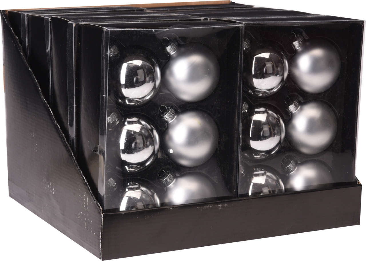 Skleněné baňky Silver 6,5 cm, s/6 (117258 041 ABR501010 baňky stříbrné s/6)