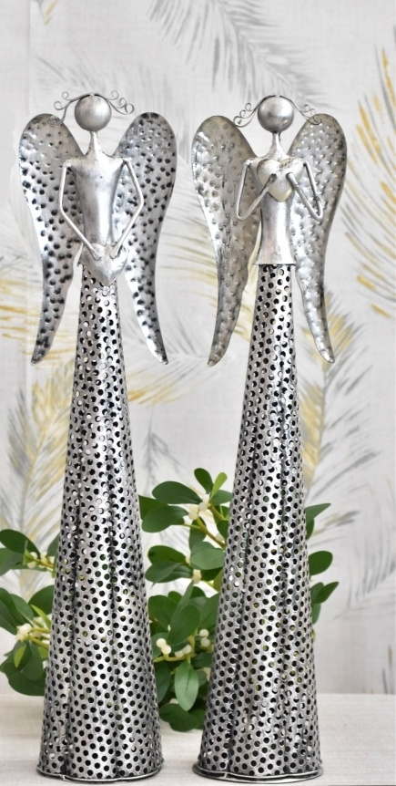 Plechový anděl Deco, stříbrný s patinou 40 cm, mix druhů