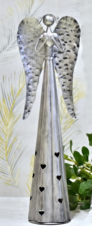 Plechový anděl Hearts svícen, stříbrný s patinou 65,5 cm