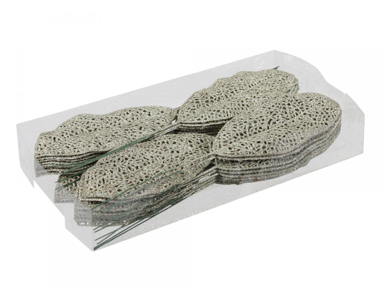 Umělý list s glitry 14x6 cm, hvězdný prach, s/36 ks