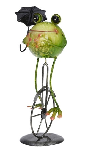 Kovová žába na kole s deštníkem 33,5 cm