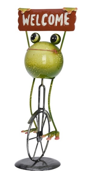 Kovová žába na kole s cedulkou WELCOME 33,5 cm