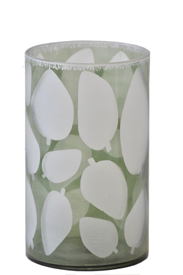 Skleněný svícen zelený s listy 25x15 cm