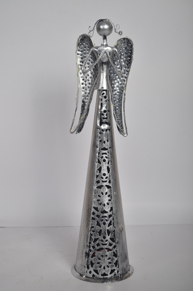 Plechový anděl Nova stříbrný s patinou 50 cm, na čajovou svíčku