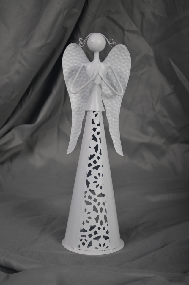 Plechový anděl Nova stříbrný s patinou 30 cm, na čajovou svíčku
